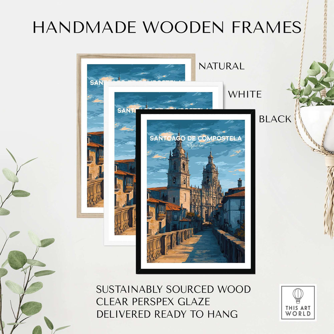 Santiago de Compostela Spain Print | Camino Wall Decor displayed in handmade wooden frames in natural, white, and black.
