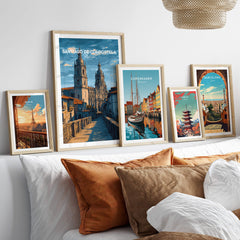 Santiago de Compostela Spain Print | Camino Wall Decor displayed with framed city prints on a stylish bed.