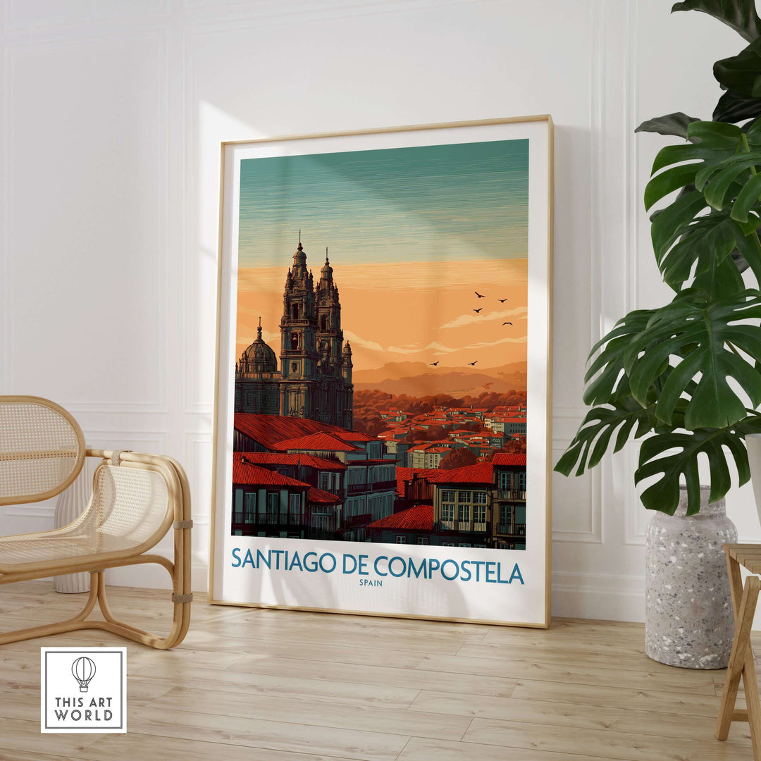 Santiago de Compostela Poster showcasing the city's skyline at sunset with vibrant colors and historic architecture.