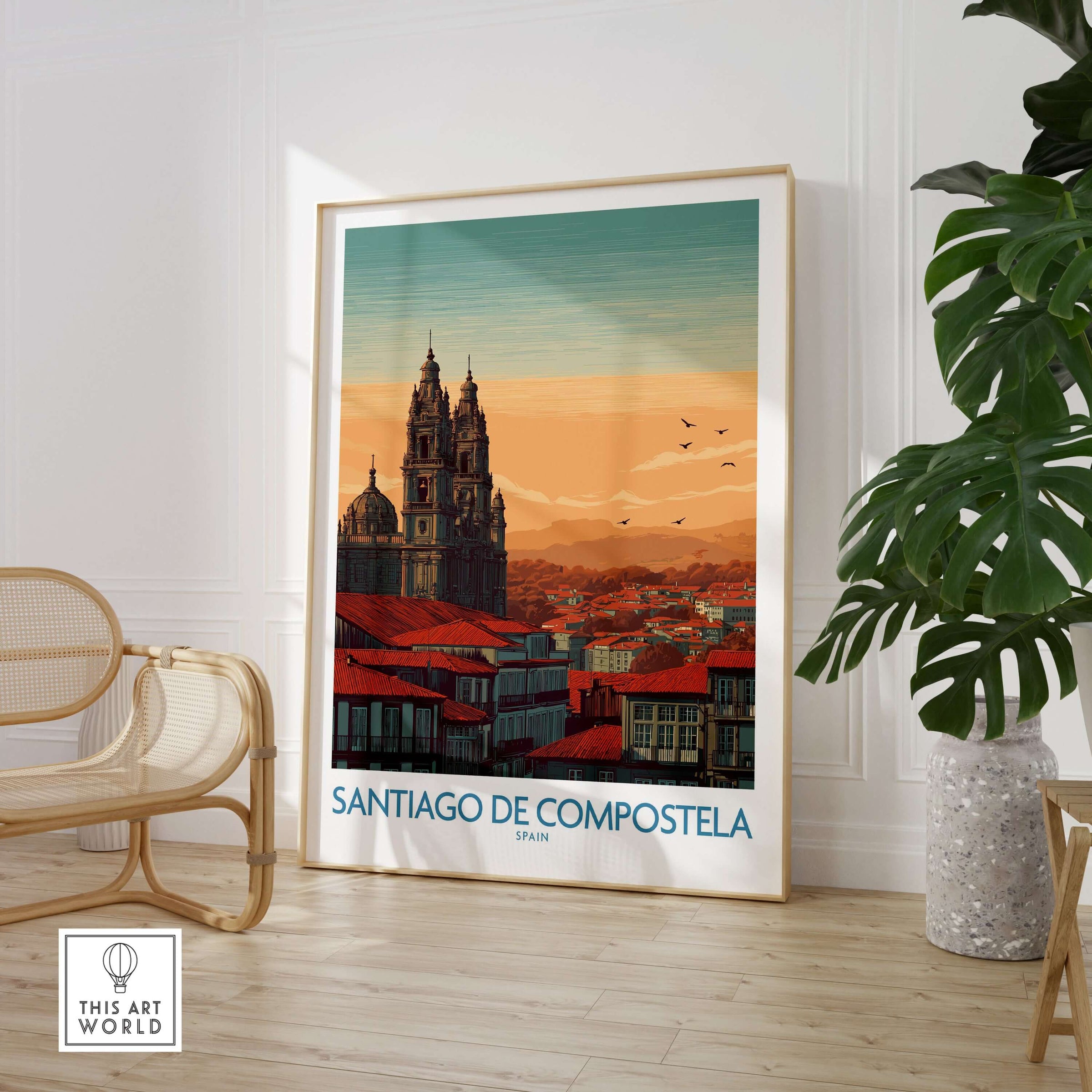 Santiago de Compostela Poster showcasing the city skyline at sunset with historic rooftops and cathedral spires.