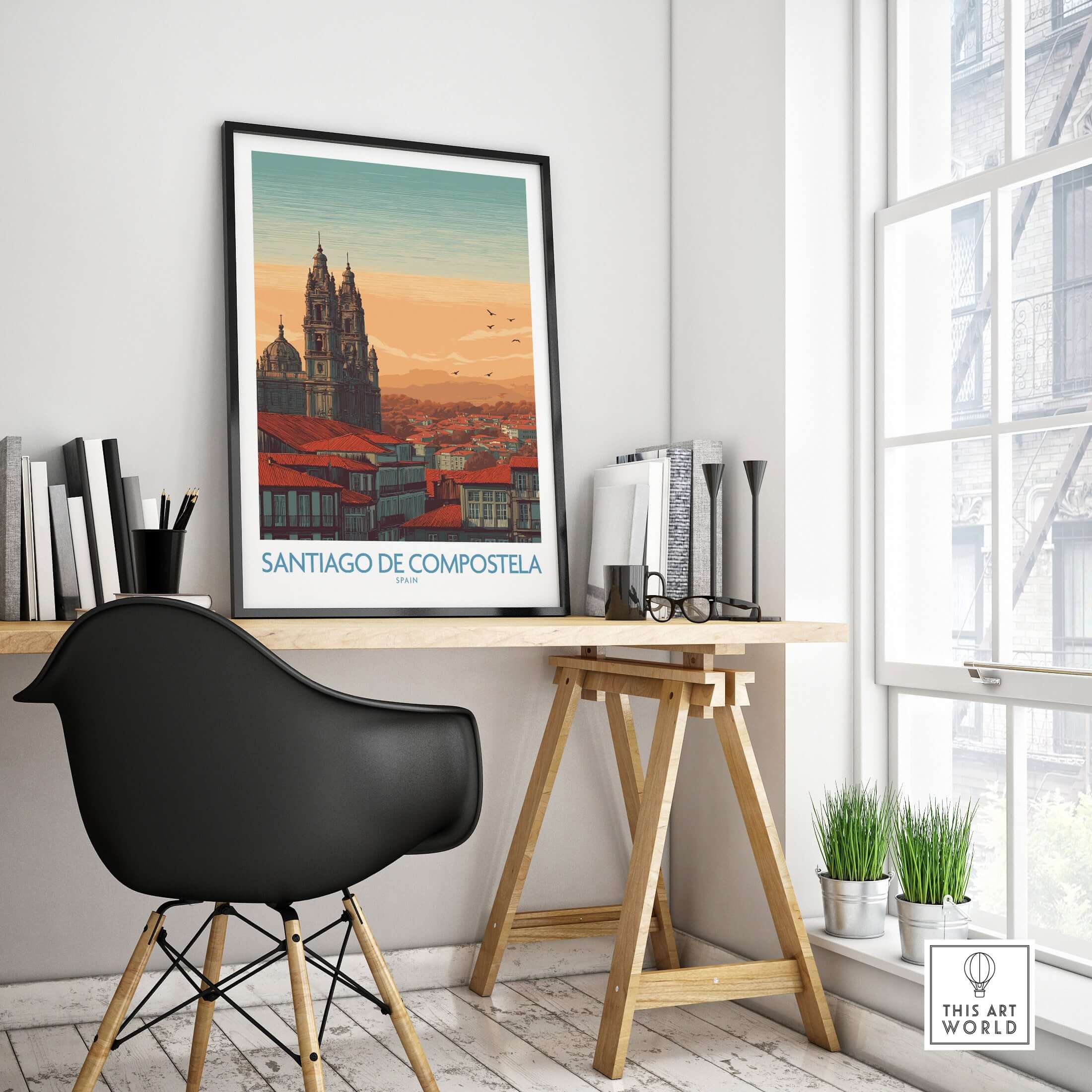 Santiago de Compostela Poster displayed on a wall in a bright room with modern decor and a workspace.