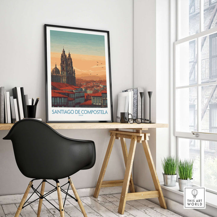 Santiago de Compostela Poster displayed in a modern workspace, highlighting the cathedral and scenic skyline.