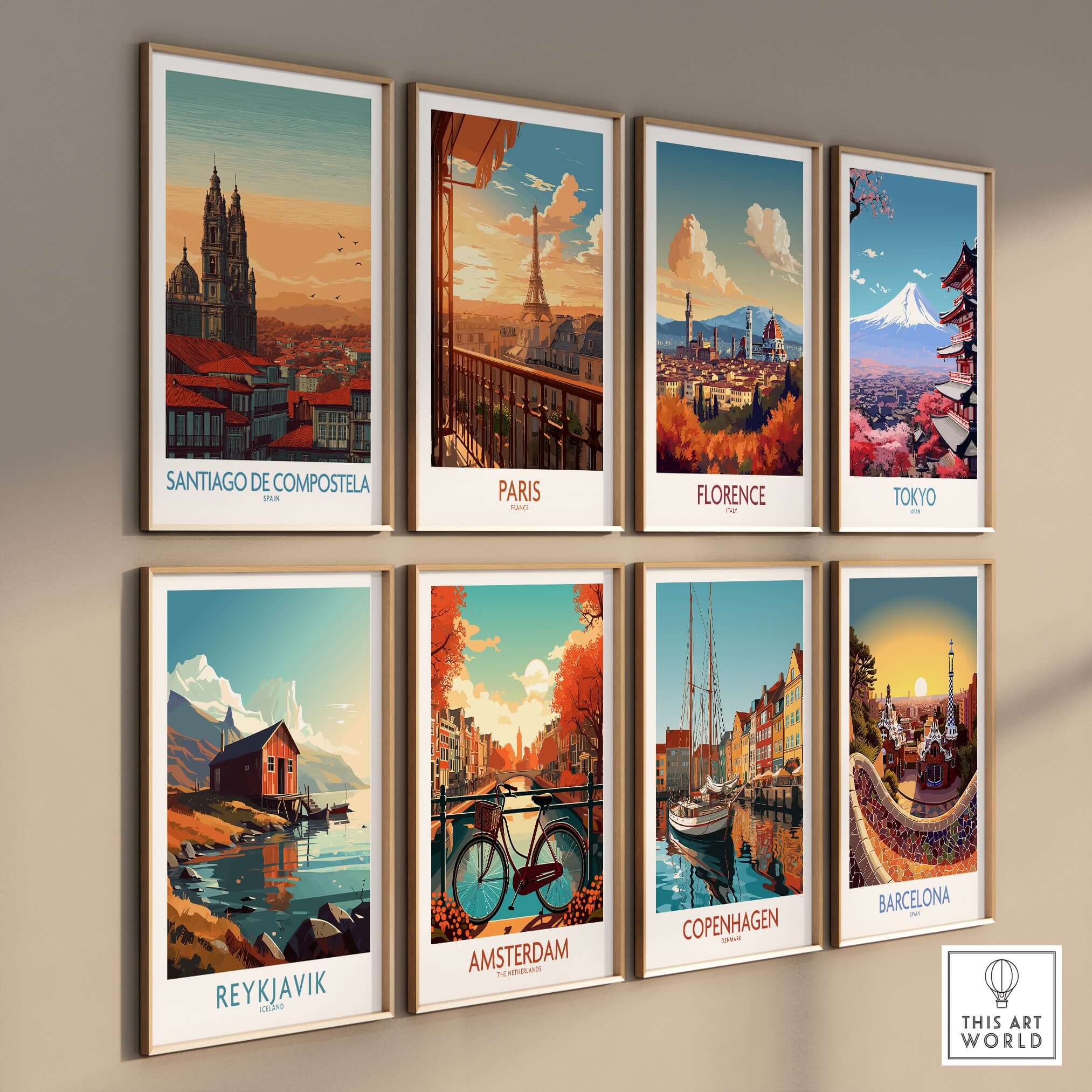 Santiago de Compostela Poster and other city posters displayed on a wall, showcasing iconic landmarks in vibrant colors.