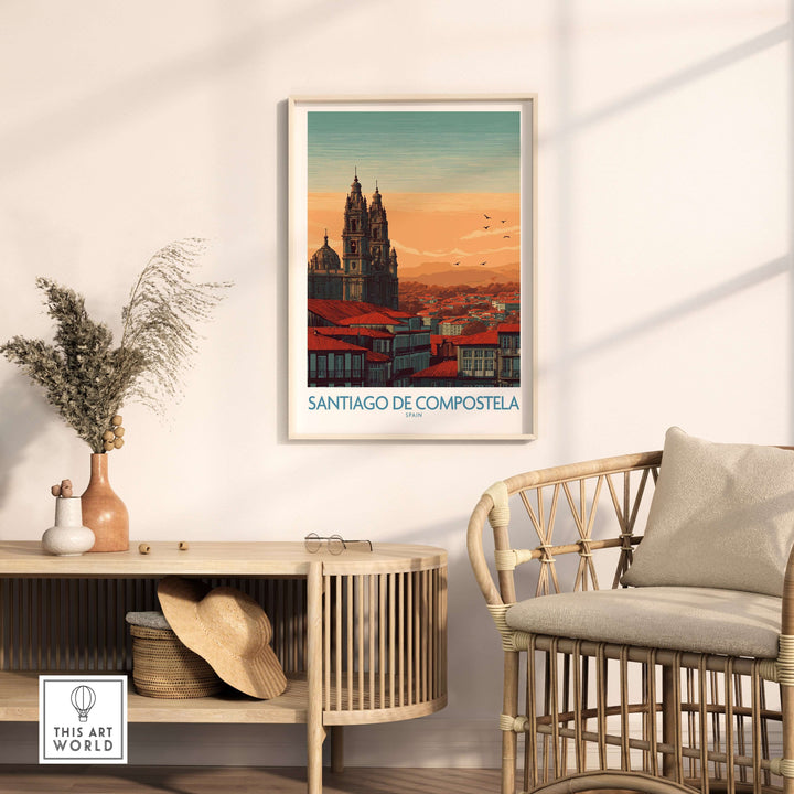 Santiago de Compostela Poster featuring city skyline at sunset, framed and displayed in a cozy interior setting.