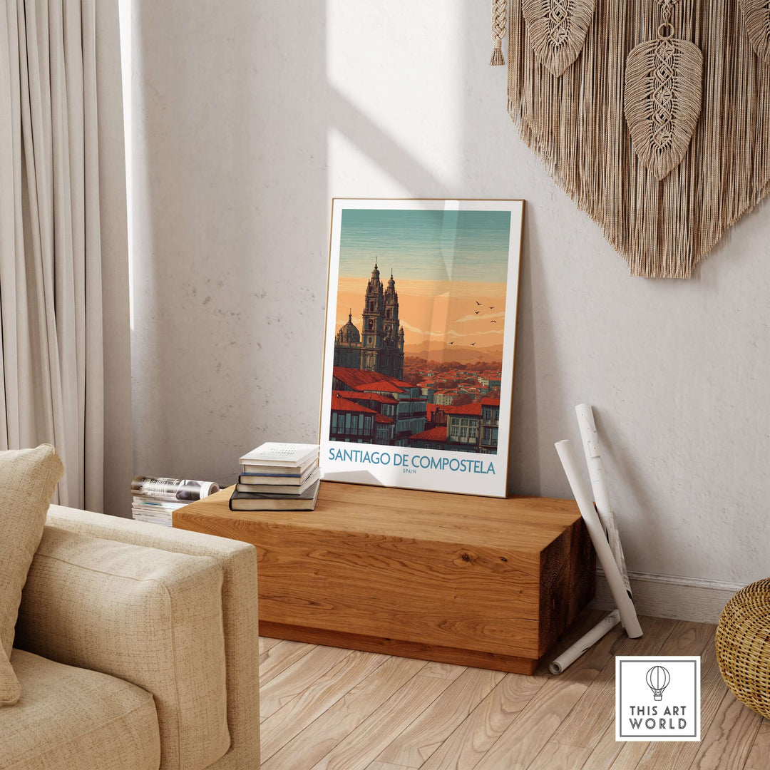 Santiago de Compostela Poster showcasing the city's skyline at sunset, featuring historic rooftops and cathedral spires.