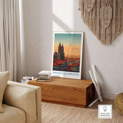 Santiago de Compostela Poster featuring a scenic skyline at sunset in a stylish living room setting.
