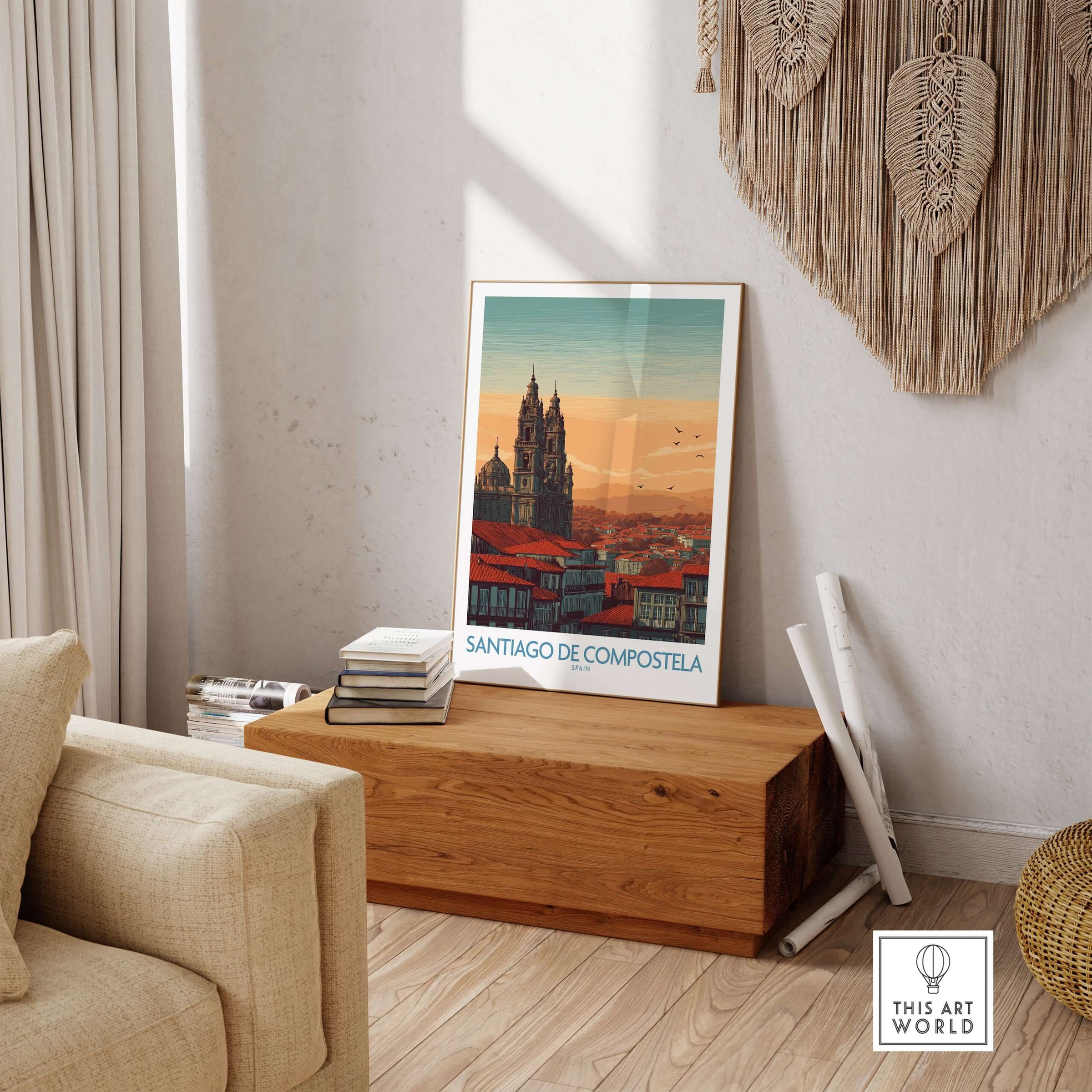 Santiago de Compostela Poster featuring a scenic skyline at sunset in a stylish living room setting.