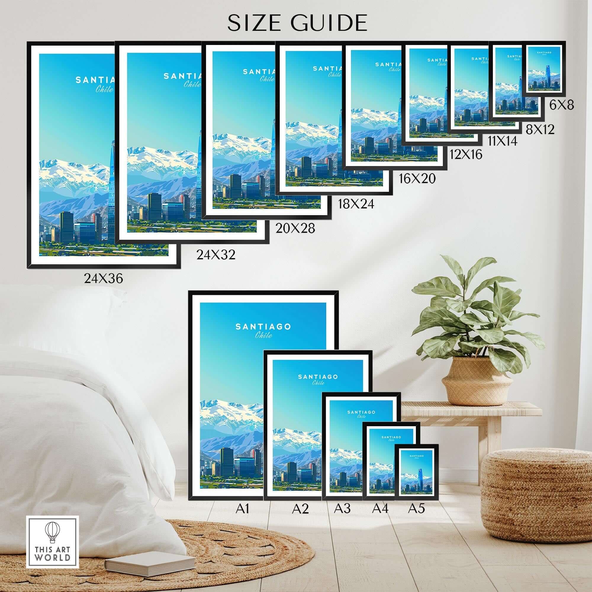 Santiago Travel Poster - Chile size guide displaying various framed options for home decor.