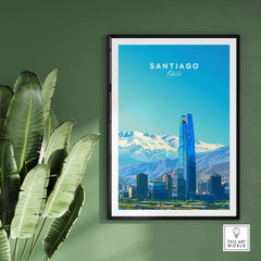 Santiago Travel Poster - Chile showcasing snow-capped Andes and city skyline.