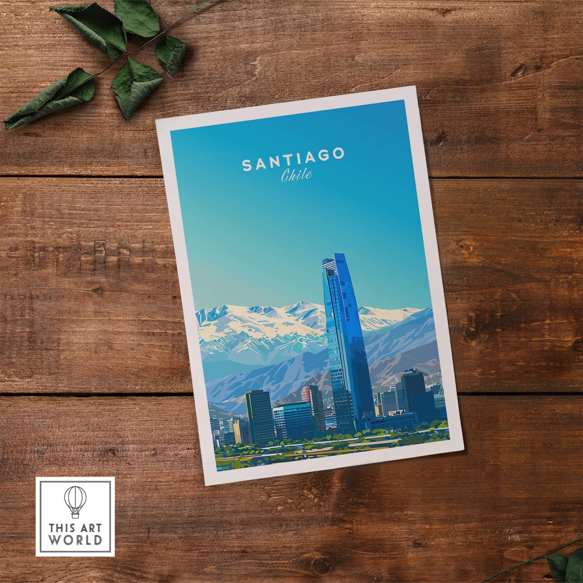 Santiago Travel Poster - Chile showcasing the Andes Mountains and city skyline of Santiago on wooden background.
