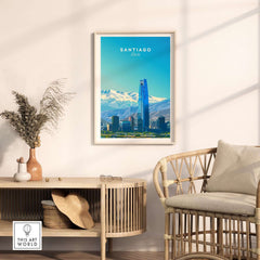 Santiago Travel Poster - Chile featuring snow-capped Andes Mountains and modern cityscape.