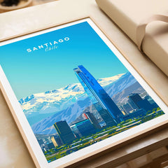 Santiago Travel Poster - Chile featuring snow-capped Andes and modern city skyline