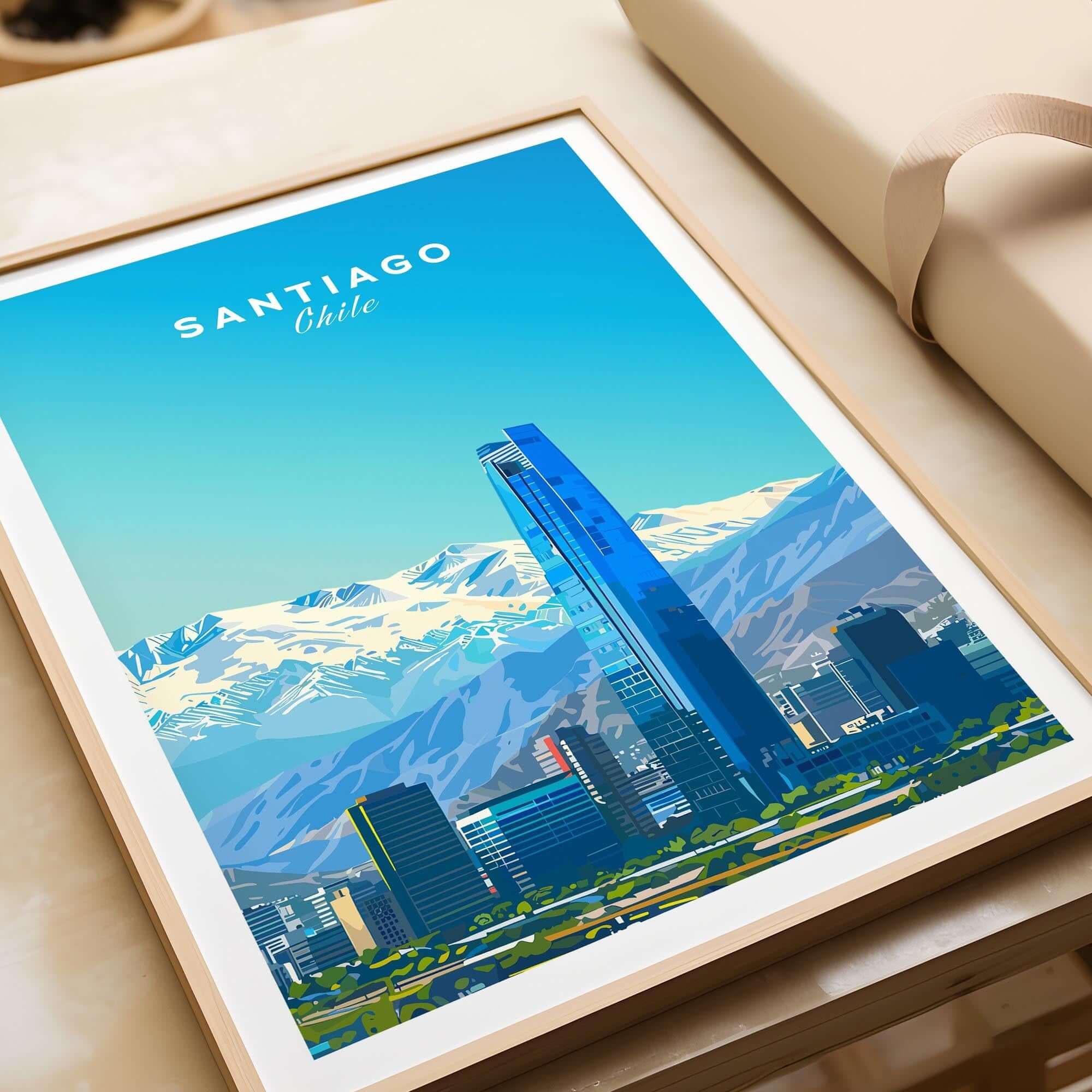 Santiago Travel Poster - Chile featuring snow-capped Andes and modern city skyline