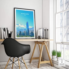 Santiago Travel Poster - Chile displayed in a stylish home office, featuring the Andes mountains in the background.