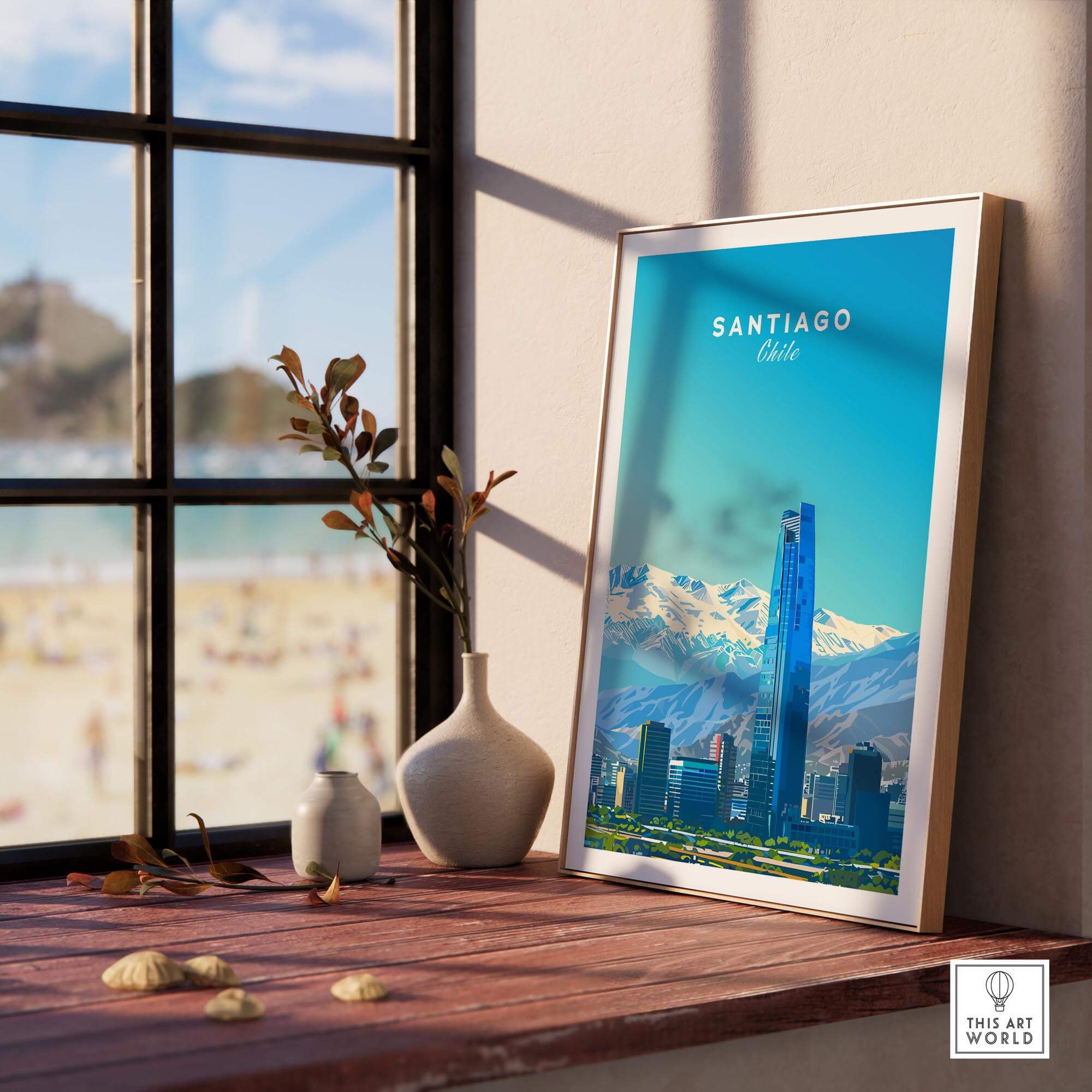Santiago Travel Poster - Chile displayed in a modern interior with a view of the Andes and beach.
