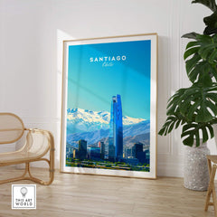 Santiago Travel Poster - Chile showcasing the city's skyline and Andes Mountains backdrop in a stylish interior setting.
