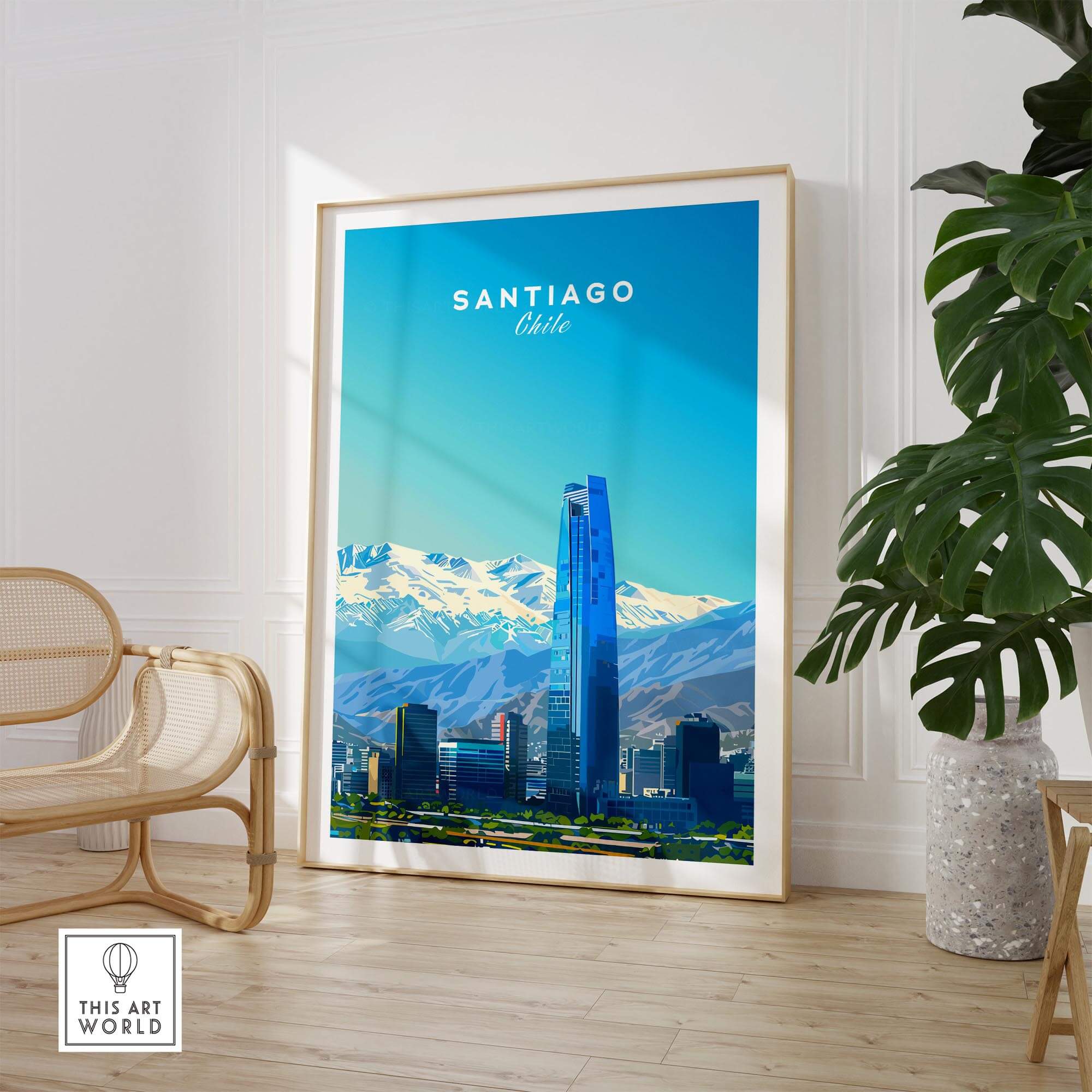 Santiago Travel Poster - Chile showcasing the city's skyline and Andes Mountains backdrop in a stylish interior setting.