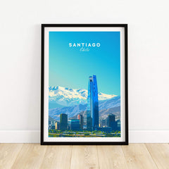 Santiago Travel Poster - Chile showcasing the vibrant cityscape with Andes Mountains in the background.