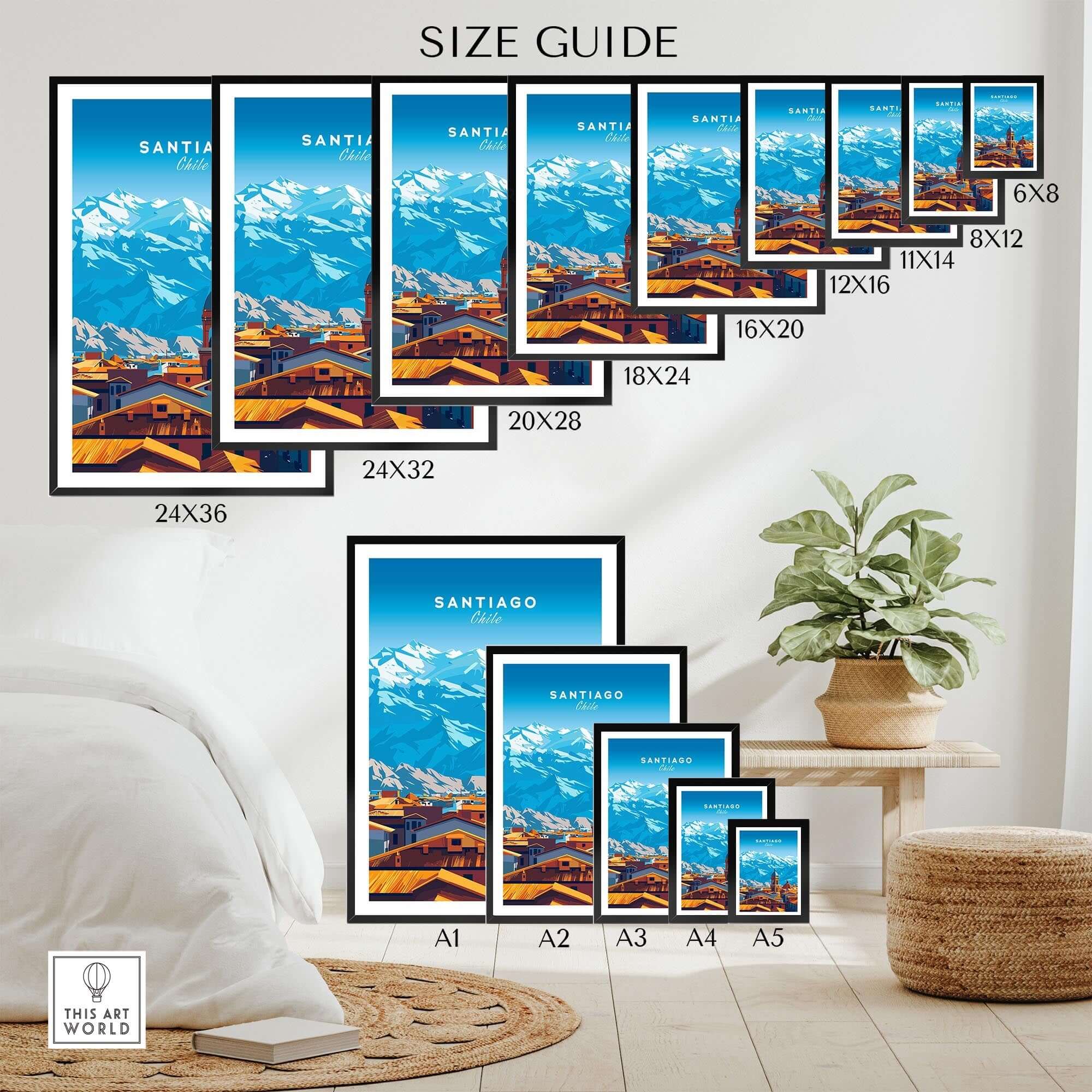 Santiago Travel Print - Chile Poster size guide showcasing different print sizes in a stylish room setting.