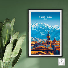 Santiago Travel Print - Chile Poster showcasing vibrant cityscape with Andes Mountains backdrop.