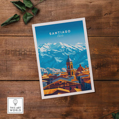 Santiago Travel Print - Chile Poster showcasing a vibrant view of the Andes Mountains and cityscape in Santiago.