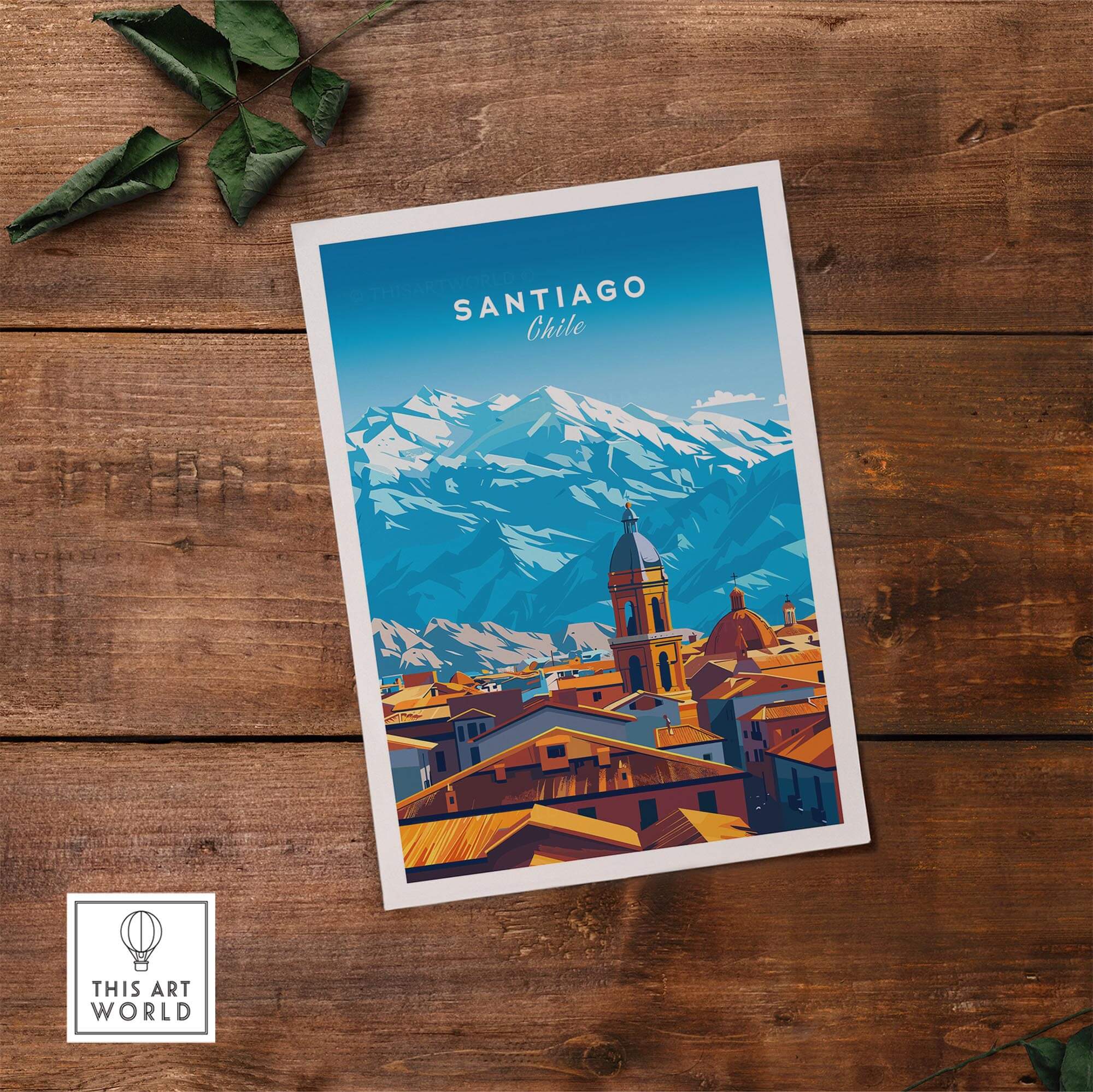 Santiago Travel Print - Chile Poster showcasing a vibrant view of the Andes Mountains and cityscape in Santiago.