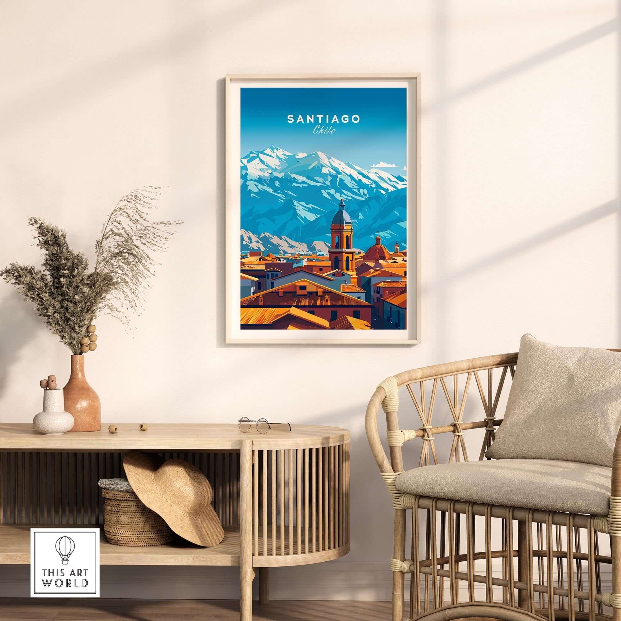 Santiago Travel Print - Chile Poster showcasing a vibrant view of Santiago with Andes Mountains in the background.