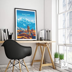 Santiago Travel Print - Chile Poster showcasing vibrant city and snow-capped Andes Mountains on a wall in a stylish room.