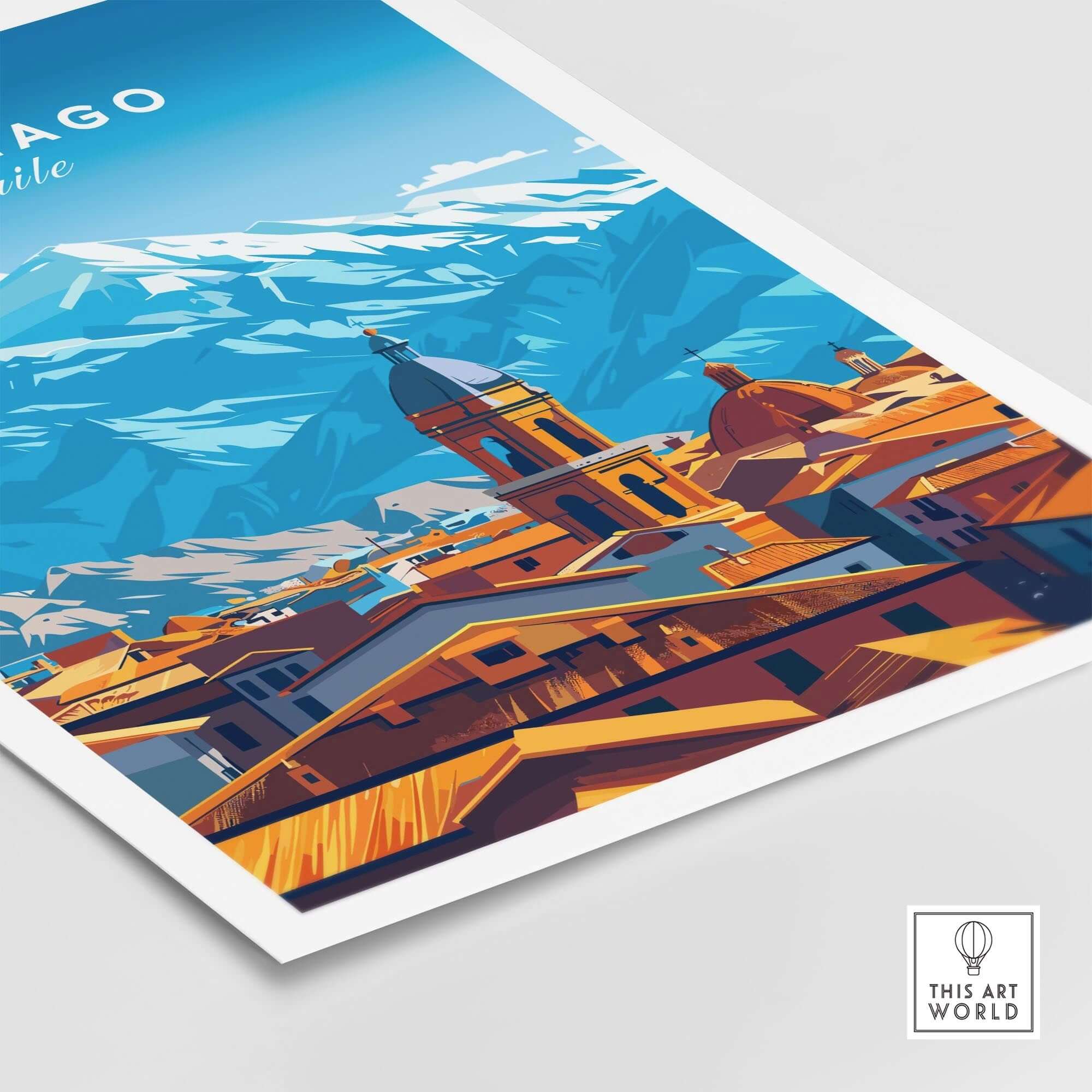 Santiago Travel Print - Chile Poster featuring a vibrant city landscape with the Andes Mountains in the background.