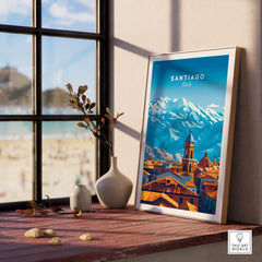 Santiago Travel Print - Chile Poster featuring a vibrant illustration of Santiago and the Andes mountains.