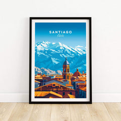 Santiago Travel Print - Chile Poster featuring vibrant art of Santiago with Andes mountains and city skyline.
