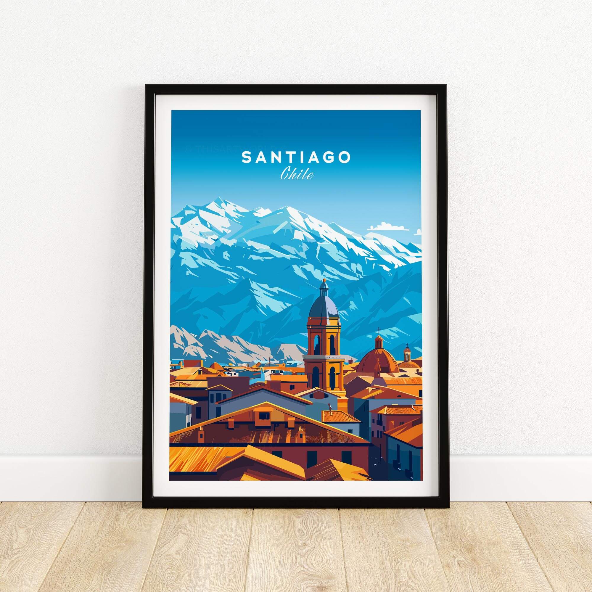Santiago Travel Print - Chile Poster featuring vibrant art of Santiago with Andes mountains and city skyline.