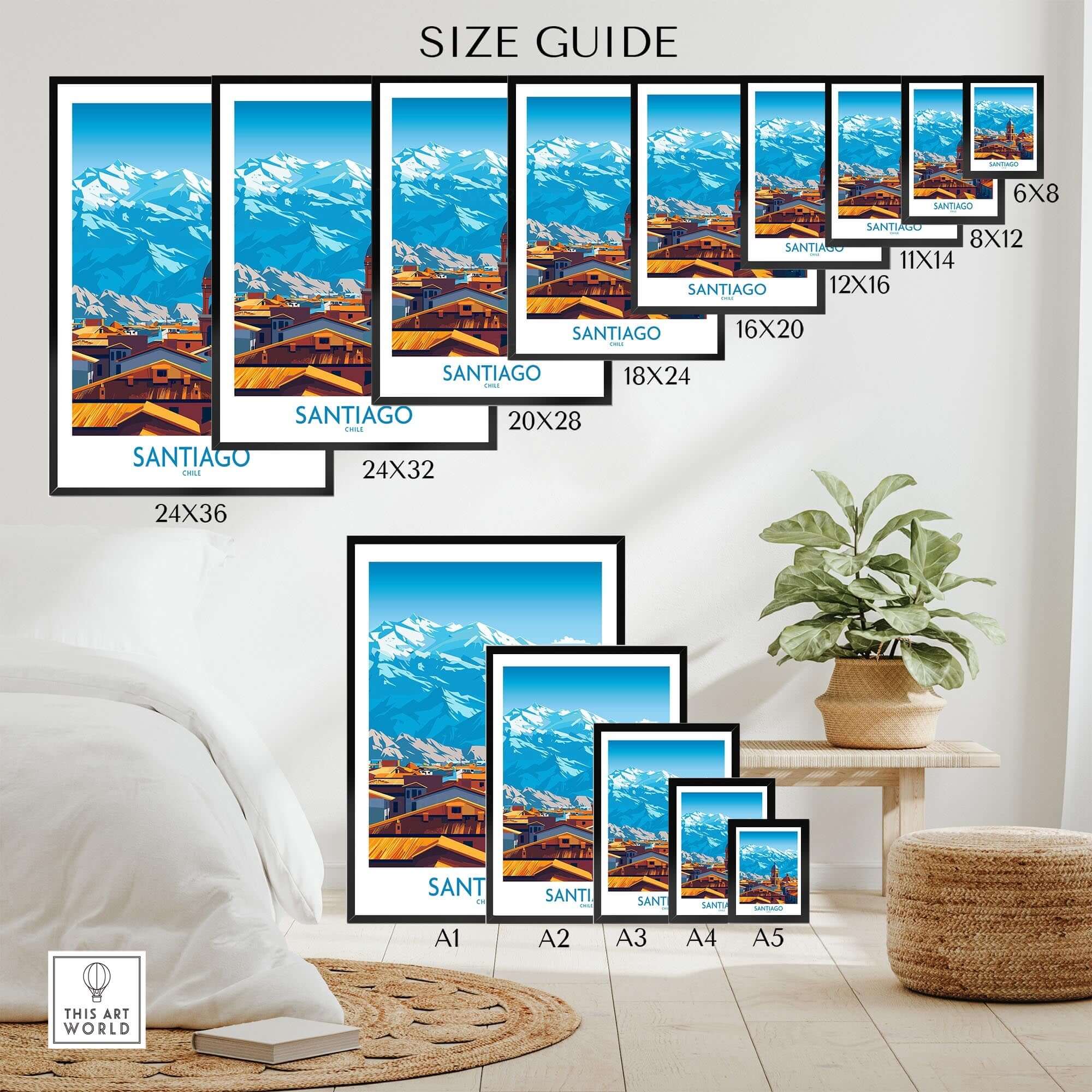 Santiago Wall Art Poster - Chile size guide showcasing various print dimensions and scenic design options.