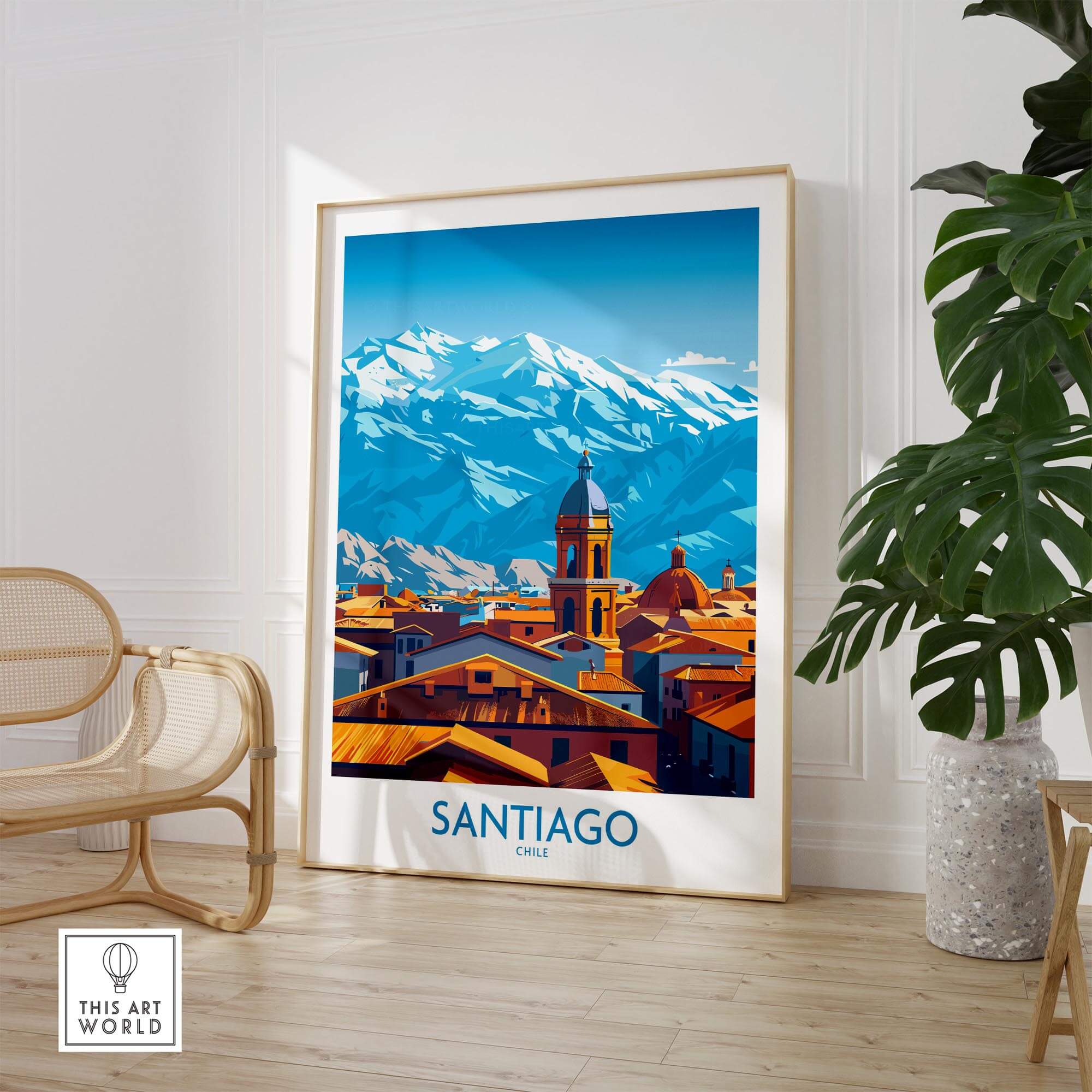 Santiago Wall Art Poster - Chile featuring a vibrant landscape of Santiago with mountains in the background.