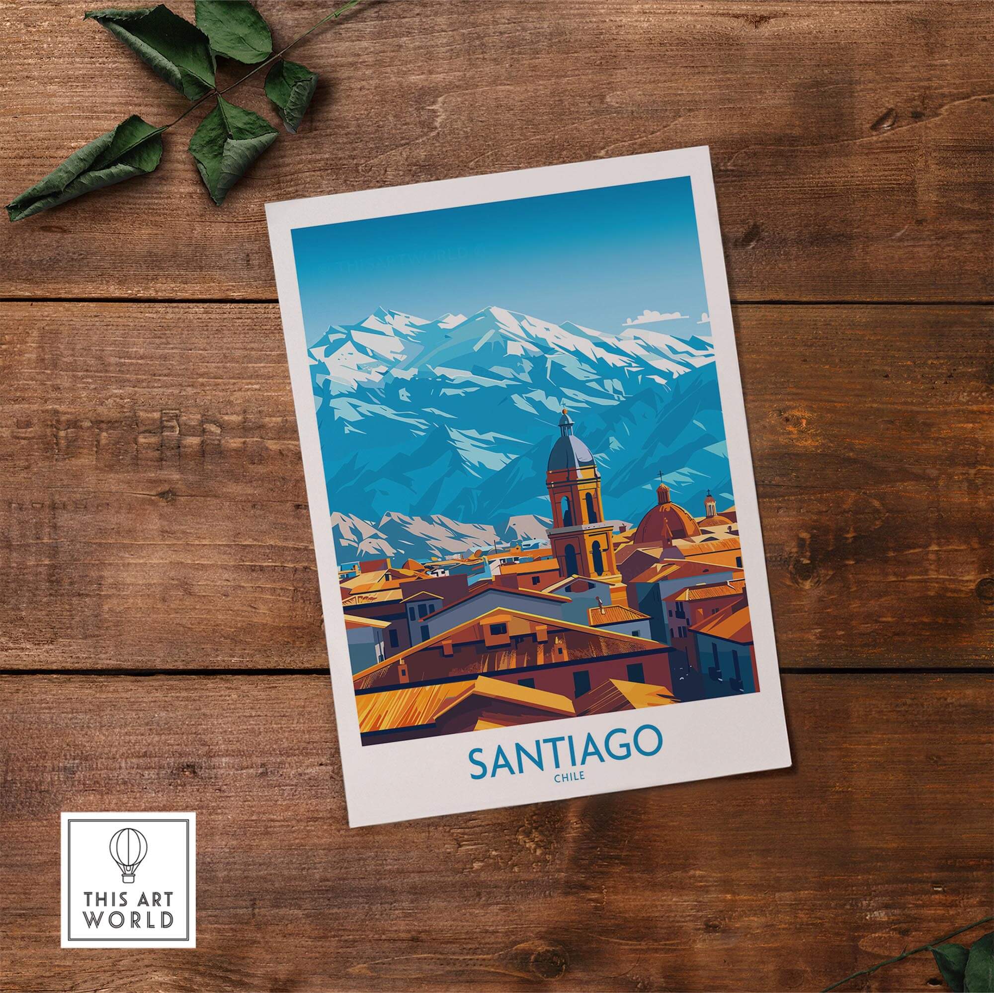 Santiago Wall Art Poster - Chile showcasing the vibrant city and mountains of Santiago, Chile in a colorful print.