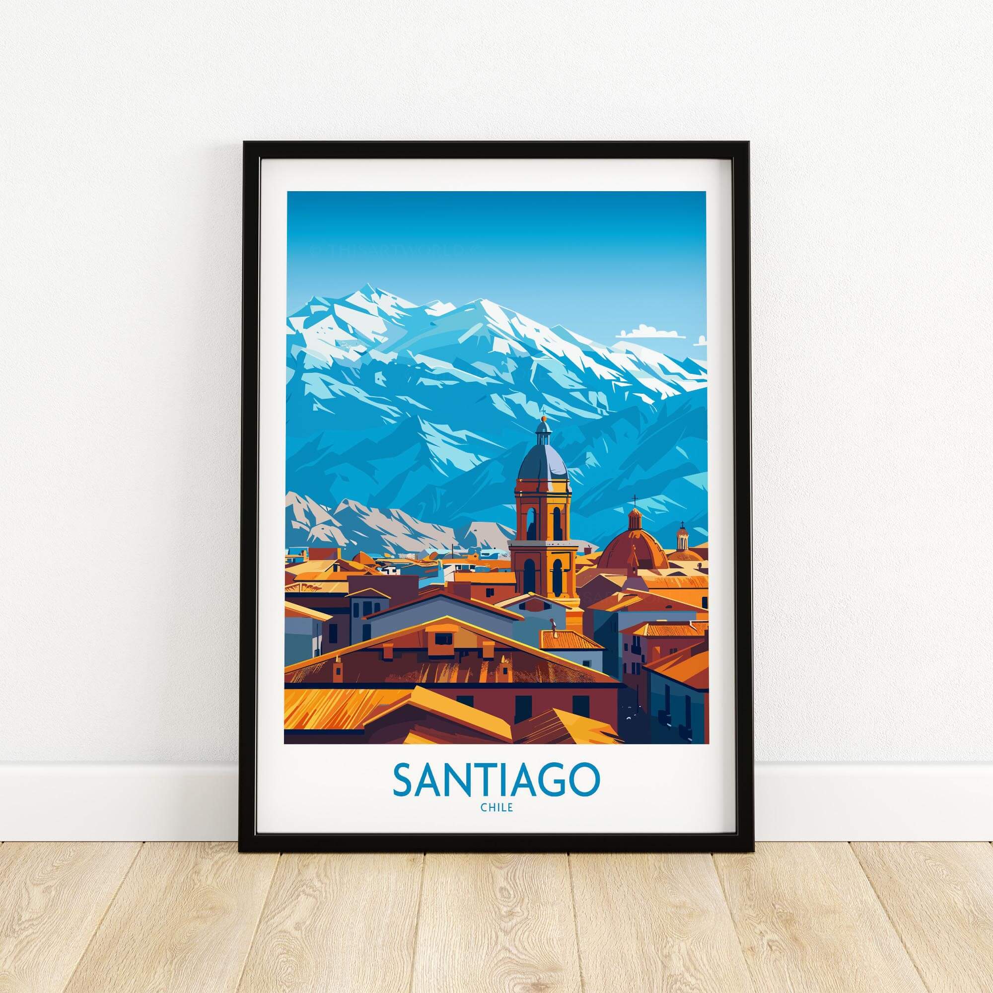 Santiago Wall Art Poster - Chile featuring a vibrant cityscape and mountains in the background.