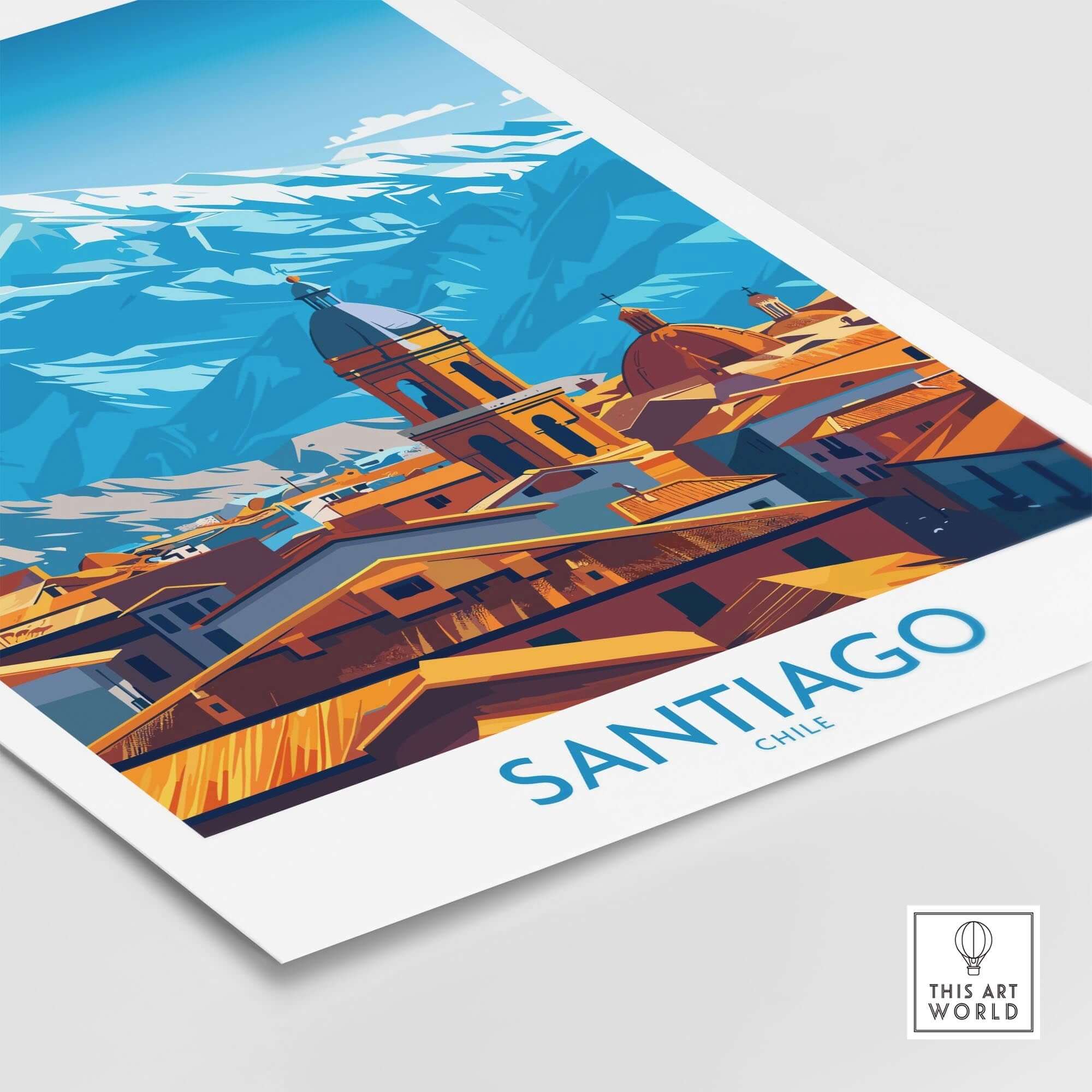 Santiago Wall Art Poster - Chile showcasing the vibrant cityscape and mountains of Santiago.