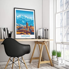 Santiago Wall Art Poster - Chile displayed in a stylish home office setting with mountain backdrop.
