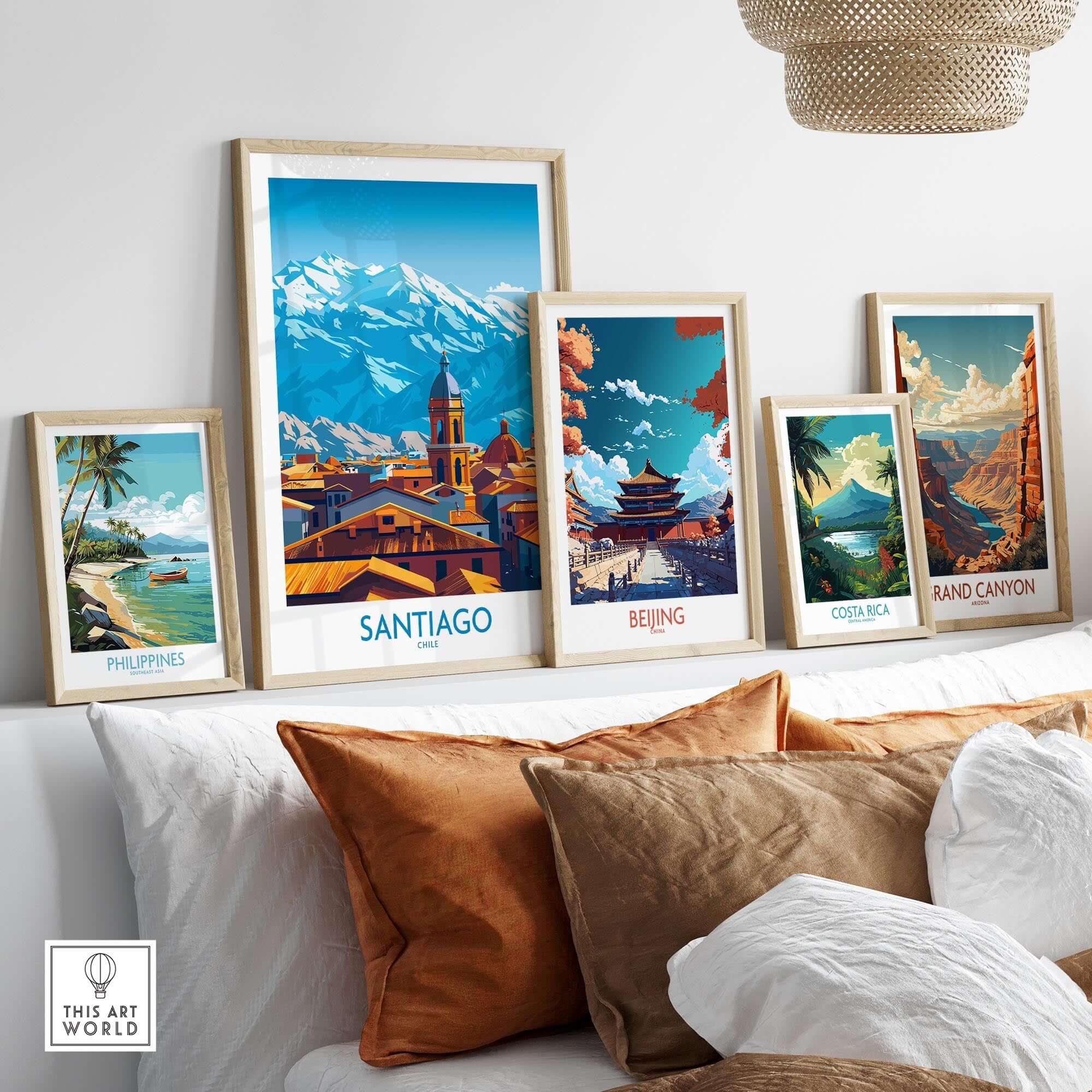 Santiago Wall Art Poster - Chile displayed among other travel prints in a stylish room decor setting.