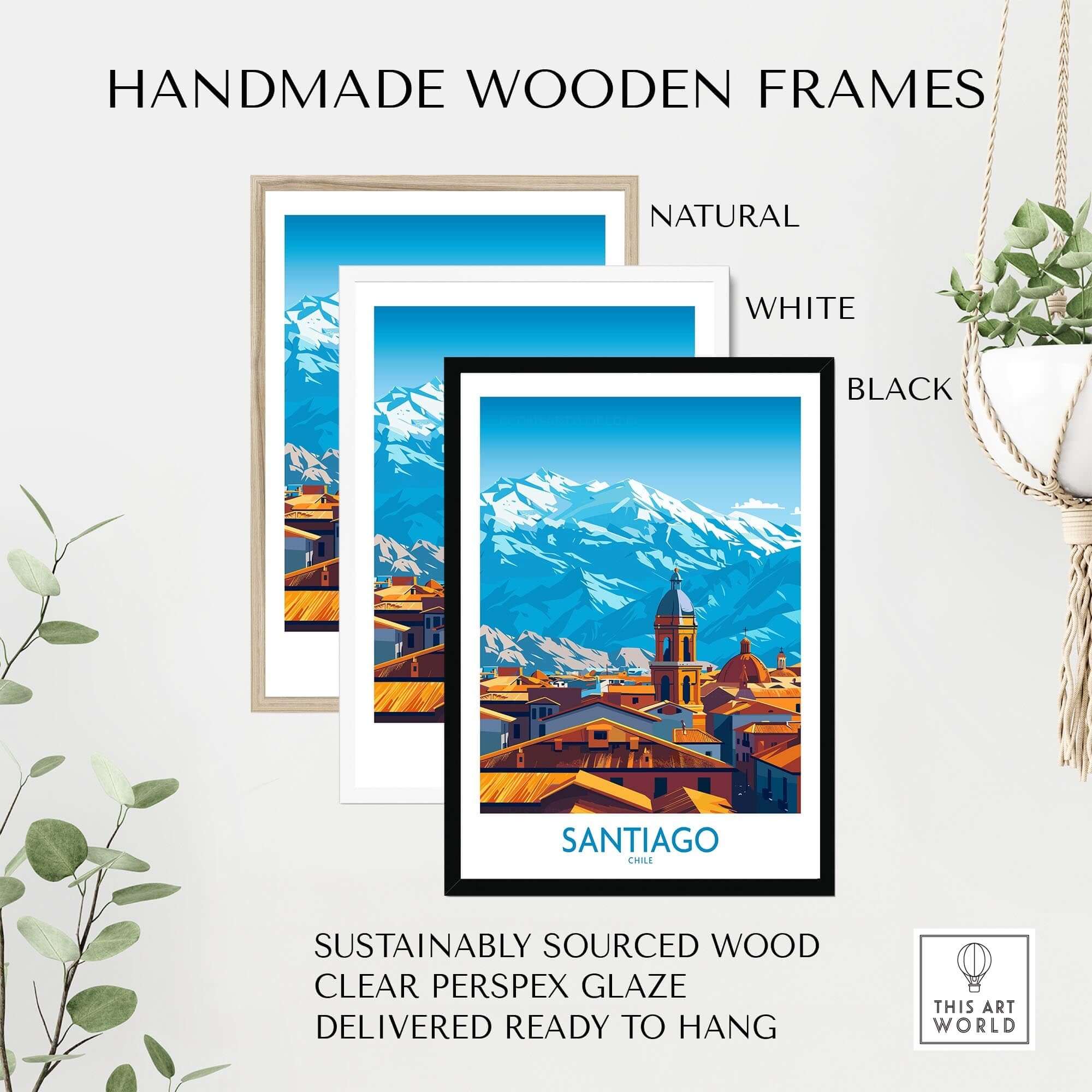 Handmade wooden frames in natural, white, and black for Santiago Wall Art Poster - Chile.