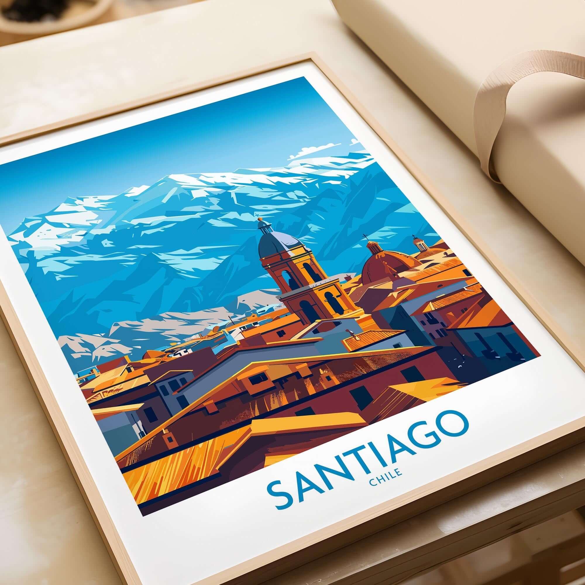 Santiago Wall Art Poster - Chile showcasing the vibrant cityscape with mountains in the background.