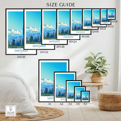 Santiago Wall Art Print - Chile size guide showcasing available frame sizes and vibrant Santiago artwork.