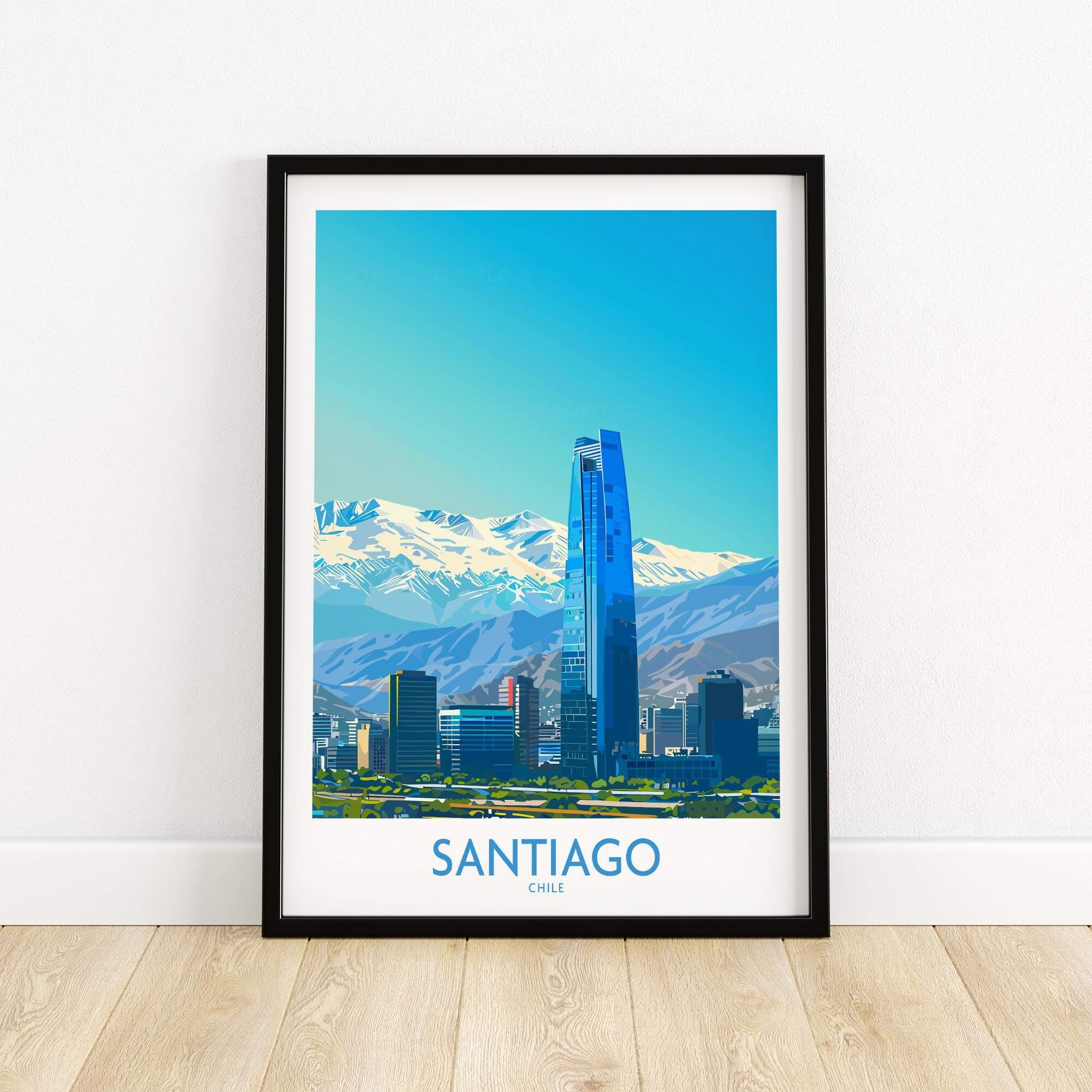 Santiago Wall Art Print - Chile showcasing the vibrant skyline and Andes Mountains background.