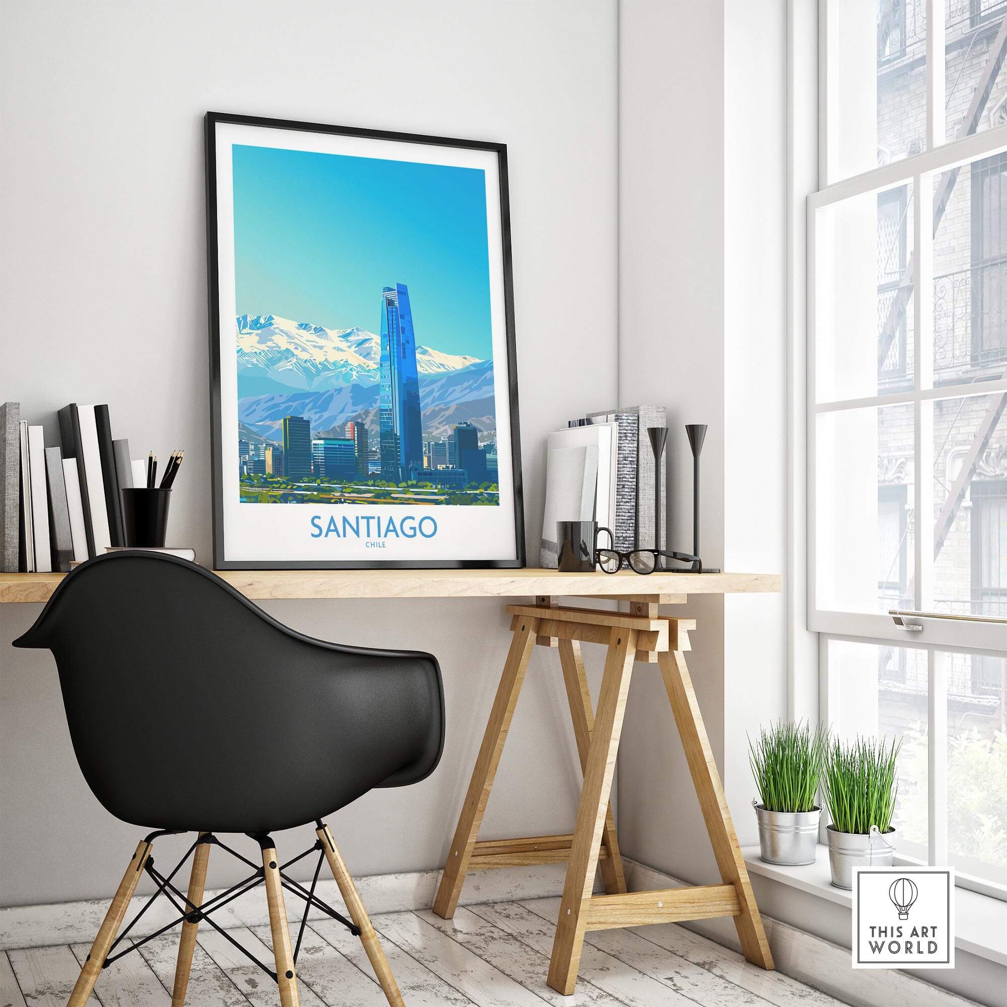 Santiago Wall Art Print - Chile displayed in a modern workspace highlighting urban and natural scenery.