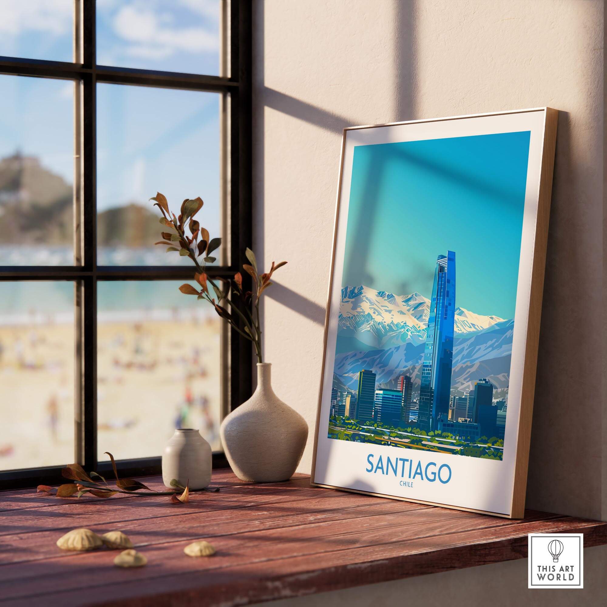 Santiago Wall Art Print - Chile displayed in a sunny room showcasing urban and natural beauty.