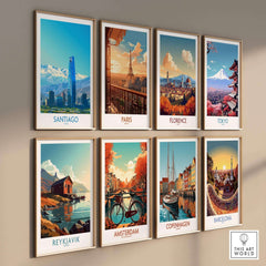 Santiago Wall Art Print - Chile showcased among other city prints on a wall, highlighting vibrant urban landscapes.