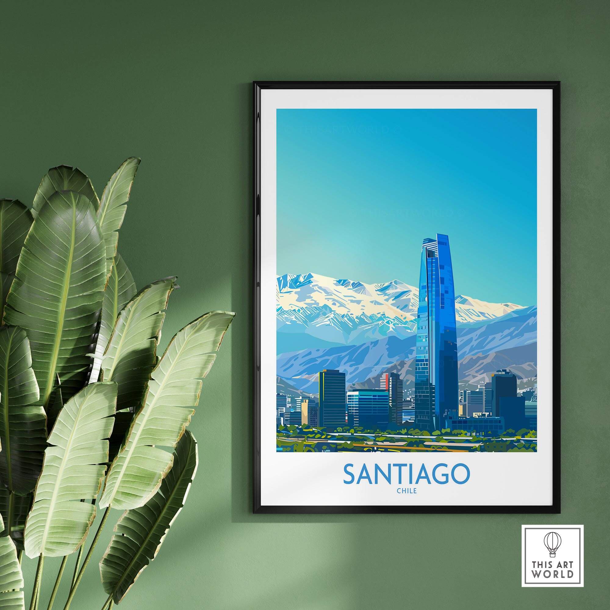 Santiago Wall Art Print - Chile showcasing the vibrant city and Andes backdrop in a stylish framed design.