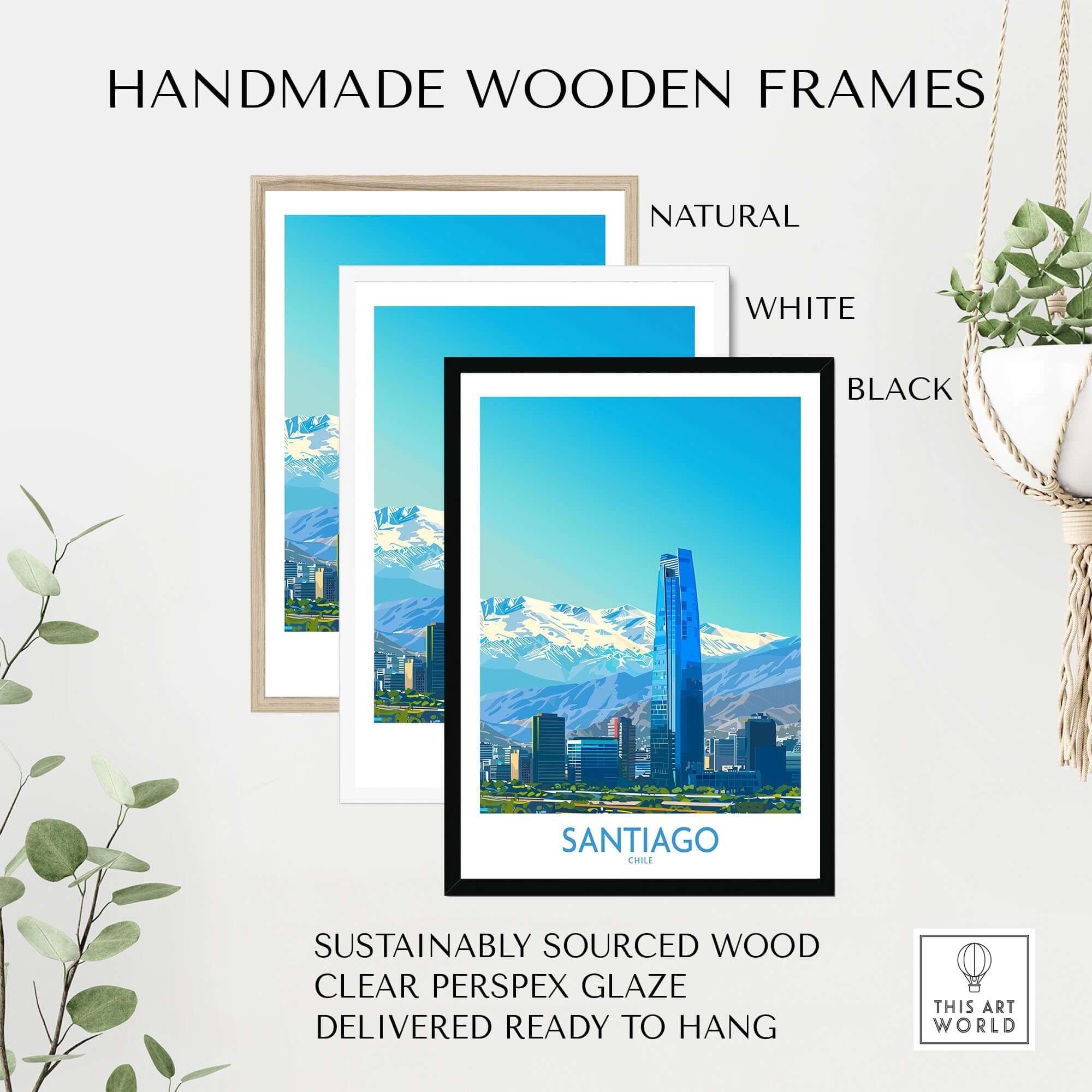 Santiago Wall Art Print - Chile displayed in natural, white, and black handmade wooden frames.