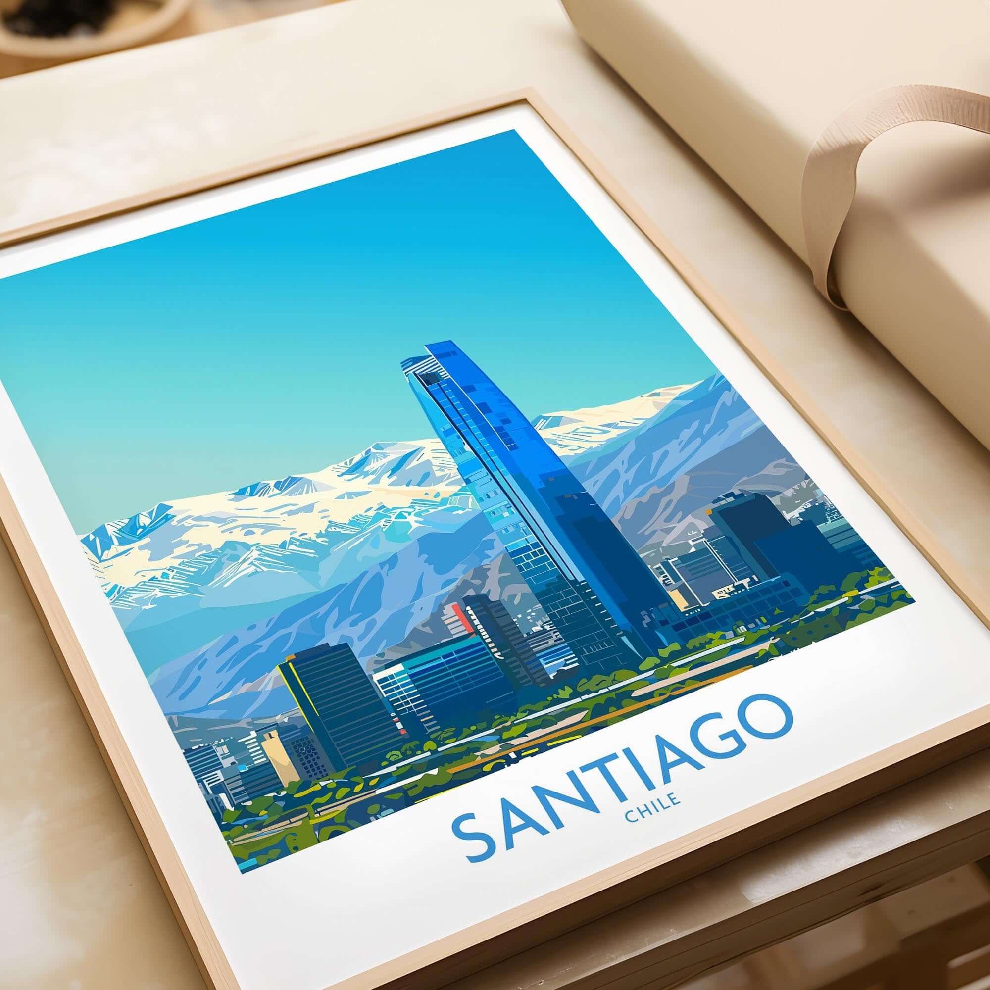 Santiago Wall Art Print - Chile featuring a vibrant skyline against the Andes Mountains.