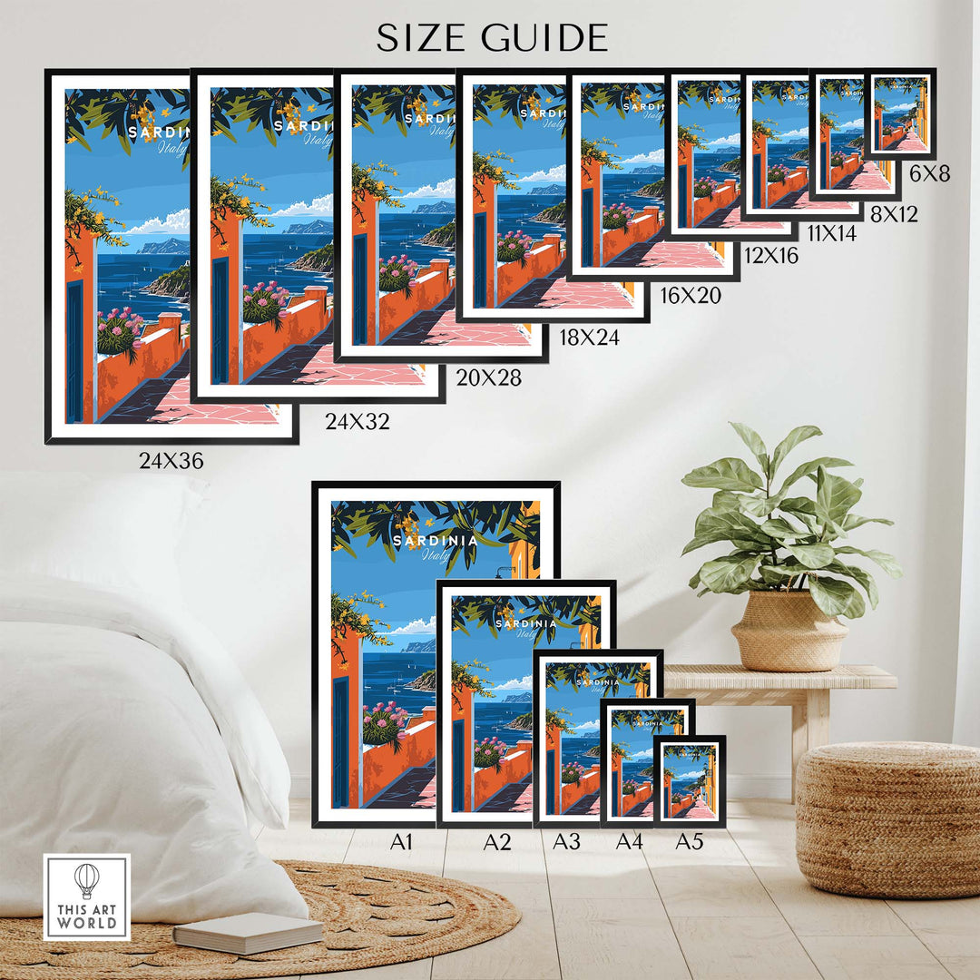 Size guide for Sardinia Art Print showcasing various dimensions of coastal landscape wall decor in a modern home setting